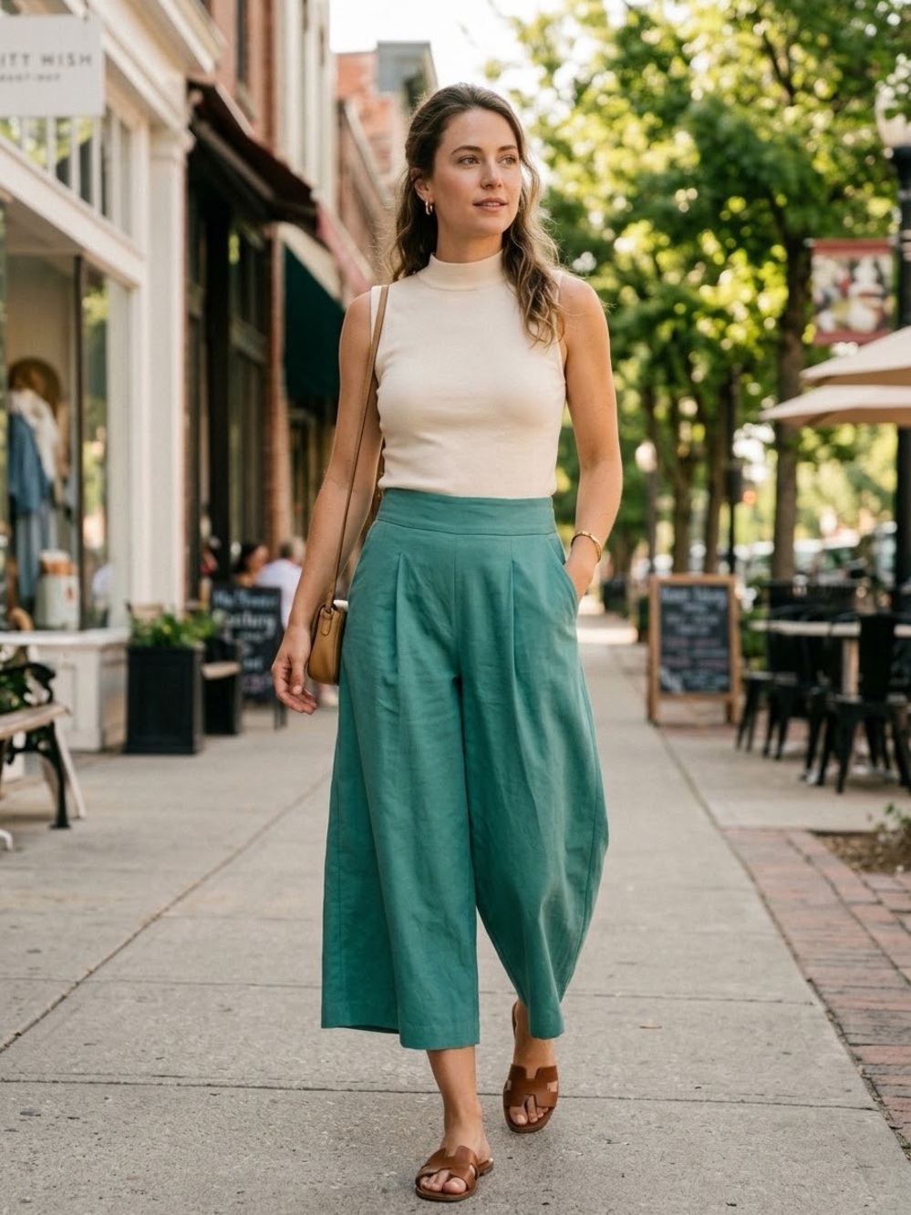 Club Monaco Linen Blend High Rise Wide Leg Crop Culottes Green 2.